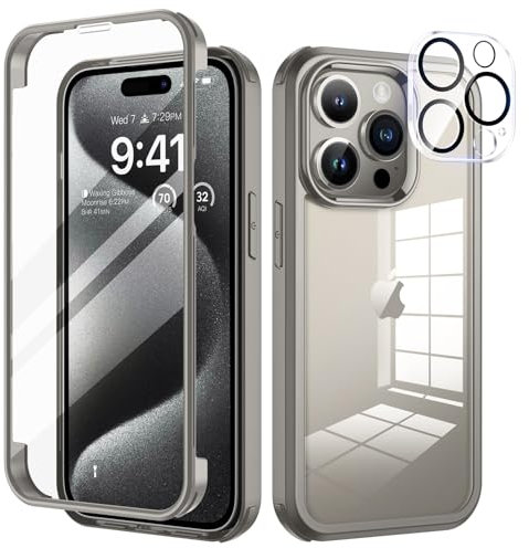 seacosmo Cover per iPhone 15 Pro Max, Vetro Temperato 9H Integrato per Schermo, Pellicola HD per Protezione Fotocamera, Custodia Rugged 360 Gradi Antiurto, Fronte e Retro Doppia Faccia Case, Titanio