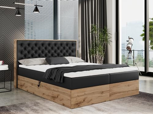 MKS MEBLE Boxspringbett 200x200 mit Bettkasten Holz Holzrahmen, Boxbett 200x200 mit Matratze H3 und Kopfteil - Schwarz Kunstleder - Albero-3