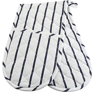 apollo THE HOUSEWARES BRAND Cotton Oven Glove DBL, Double, Hand-made 100% Cotton, Heat Resistant Oven Gloves Non-Slip Kitchen Mitts for Grilling, Cooking, Baking, White, Stripe