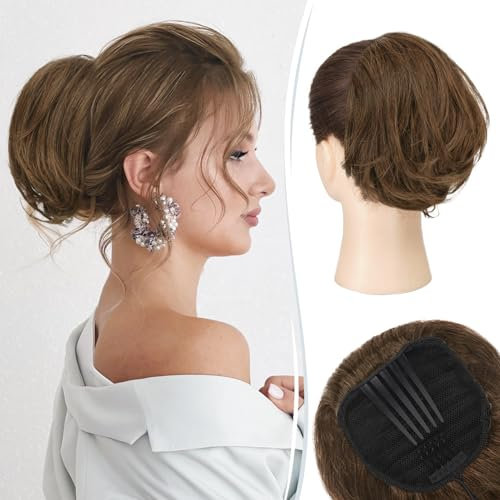 RUWISS Haarteil Dutt mit Comb Kurz Haarteil Pferdeschwanz Haardutt Chignon Echthaar Haarteile Echthaar Dutt Extensions mit Comb Kordelzug für Damen,Mittelbraun