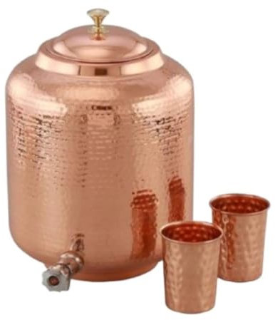 Hand Made Pure Hammered Copper Water Dispenser | Water Tank | Copper Jug with Two Hammered Glasses (Copper, 16 Litres)