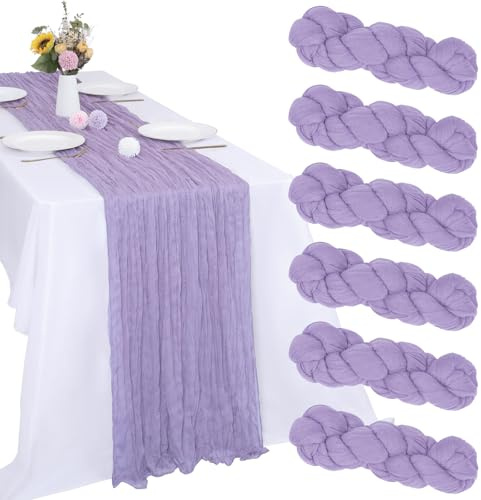 RestfulGlow Seihtuch-Tischläufer, Boho-Gaze-Stoff, rustikal, transparent, für Frühling, Urlaub, Hochzeit, Dekoration, Babyparty, Party, Lavendel, Lila, 35 x 308 cm, 6 Stück