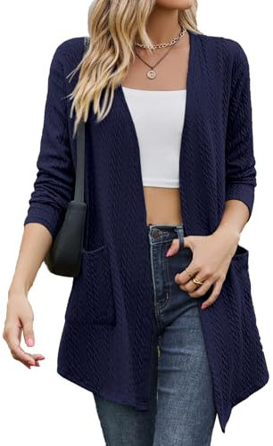 Tanmolo Damen Leichte Strickjacke Gestrickt Cardigan Lang mit Taschen Bequem Offen Elegant Langarm top Marineblau, S