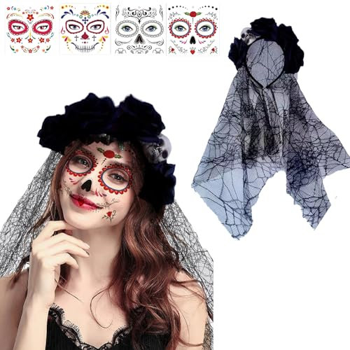 Halloween Jour des Morts Bandeau,4pcsTatouages Visage Halloween, Tatouages Visage Halloween,Bandeau Mexicain,Serre-tête Fleurs,Costume Halloween Jour des Morts pour le Carnaval
