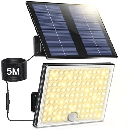 Solarlampen für Außen, Solarleuchte mit Bewegungsmelder,113 LED Solar Strahler IP65 Wasserdichte Solar-Split Wandleuchte mit 5m Kabel für Garage, Garten, Hof, Stufen, Haustüren, Rasen