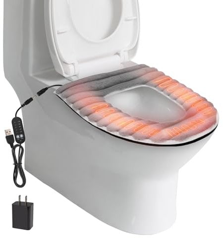 Heated Toilet Seat, USB Powered Toilet Seat Warmer Belt Charger, 5-Speed Adjustable Temperature and Timing Function, Levels Toilet Seat Cover with Soft Plush Fabric, Hand Wash and Easy Installation