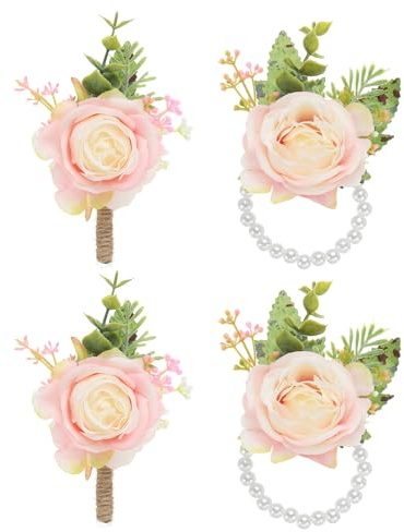 PATIKIL 4 Stück Rose Handgelenk-Korsage und Anstecker-Set Hellrosa | Hochzeitsblumen-Handgelenkband-Armband-Handblumen-Zubehör, Für Männer Frauen Abschlussball Heimkehr