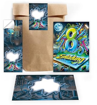 Limonia 12 Einladungskarten zum 8. Kindergeburtstag Einladung Set Geburtstag Mädchen Kinder Jungs Jungen Boys Geschenktüte inkl. 12 Umschläge, 12 Tüten, 12 Aufkleber Graffiti Street Art