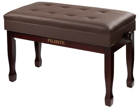 FILISITE Adjustable Height Piano Bench with Storage, Solid Wood Duet Keyboard Stool, Waterproof Padded Seat Cushion, Multi-Use Bench for Piano, Vanity, Living Room, Bedroom XJ750-4 (Brown)