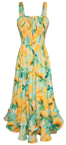 GRACE KARIN Damen langes Blumenkleid Ärmellos Spaghettiträger Freizeitkleid | Maxilang,Breite Träger,Eckiger Ausschnitt,Doppellagiger Saum,Strand,Urlaub