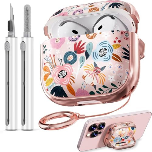 Safety Lock Inesore Floral Cute Hülle Compatible with AirPods 4 - Pink Berry Flower Case for Women Girls, with Cleaning Kit and Keychain(ANC/2024)