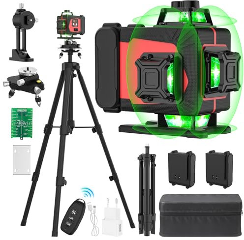 4D 16 líneas nivel láser 360 autonivelante, 4x360° nivel láser con trípode 1M, nivel láser de obra verde, alta precisión, auto-nivelación, con tipo C, mando a distancia y 2 × 3600 mAh Baterías