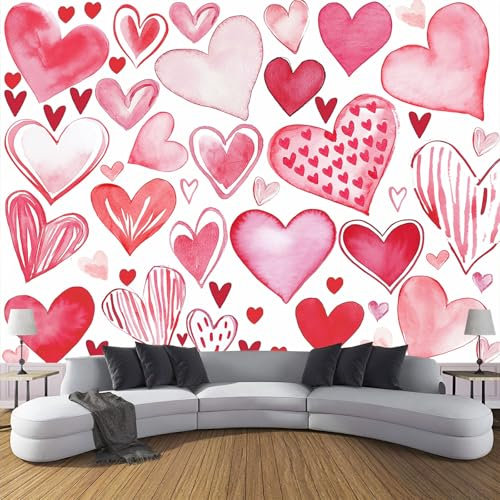Fototapete 3D Effekt Dekoration Wandbild, Rosa Herz Tapete ‎150X105Cm (B×H) Seidenstoff Tapete Aquarell Wandtapeten, 220G/M2 Fototapete Moderne Panorama Wanddeko