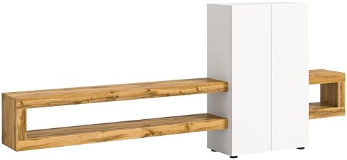 xonox.home Wohnzimmer Samba Wohnwand TV-Möbel Wohnkombination Wohnzimmermöbel Wohnzimmerschrank Möbelkombination Wohnzimmerset in weiß melamin Abs. Wotan Eiche ca. 270x112x35cm