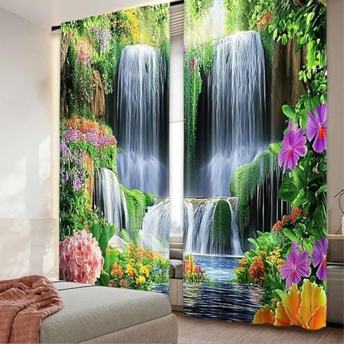 IKDZCM 3D-Druck Dschungel Natur Fenstervorhänge Bäume Malerischer Wasserfall und Fluss Frühling Muster Druck Fenstervorhänge für Wohnzimmer BxH/2x175x250cm vorhänge