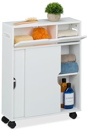 Relaxdays Chariot de Niche, Portes coulissantes, 67 x 17 x 52 cm, Salle de Bain, Armoire étroit avec roulettes, Blanc