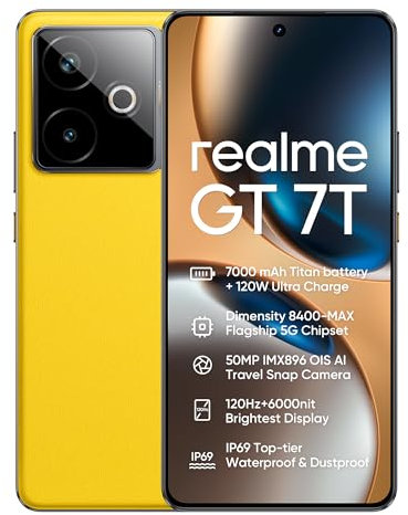 realme GT 7T Smartphone 12+256 GB 5G Telefono Mobile, MediaTek Dimensity 8400, Batería 7000mAh Ricarica Rapida 120W, Cámara 50MP AI Travel Snap, 6.8 1.5K 120Hz, NFC Doble SIM, Colore Giallo