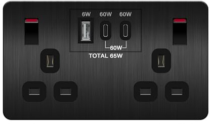 LIDER 2-Gang Switched Socket, Power Delivery Fast Charging, Output 65W | PD 60W Max USB-C, Stainless Steel, USB Type C&A, Brushed Black, Use A 35mm-Deep Back Box, UKCA Certified, Pd65 USB Output