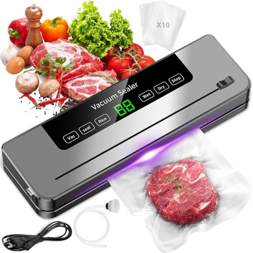 Vakuumierer Für Lebensmittel, 6 In 1 Multifunktionales Vakuumiergerät | Lebensmittel Digitalem Led Display Die Frischhaltung Von Lebensmitteln（10 Vakuumbeuteln und 1 Zubehörschlauch）