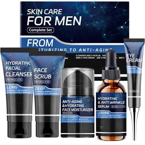 5PCS Men's Skincare Gift Set, Mens Skin Care Sets & Kits, Face Wash for men, Exfoliating Face Scrub, Anti Aging Face Cream, Eye Cream & Serum, Mens Gift Set for Birthday, Christmas, Hydrate, Firm