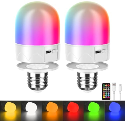 HARPER LIVING Lampadine LED ricaricabili USB con telecomando, vite E27 e magnetiche, dimmerabili, 9 colori, lampadine RGB, 3000 mAh, funzionamento a batteria, luce notturna, 3 timer/memoria, set di 2