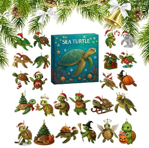 Fyrdyn Calendrier de l Avent Compte à Rebours Tortues de Mer | Décor Acrylique 2D 24 Jours - 2025 Calendrier Avent Sapin Noël Pendentif Tortue Mer,Pour Voiture Rétroviseur Mur Porte Adultes Cadeaux