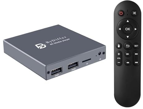 ByDiffer Lettore multimediale digitale 4K, lettore video MP4 TV con uscita HDMI/AV/ottica, mini lettori multimediali HD 4K a 60Hz per unità USB/scheda Micro SD, segnaletica digitale, riproduzione