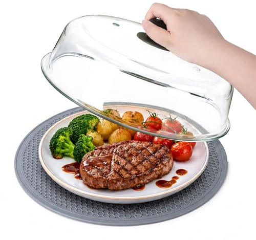 YBCPACK 10.4Inch/26.5CM Borosilicate Glass Microwave Splatter Cover with Silicone Mat – Non Plastic Microwave Cover for Food, Plate Lid & Splatter Guard, BPA Free, Dishwasher Safe,Silicone Handle Knob
