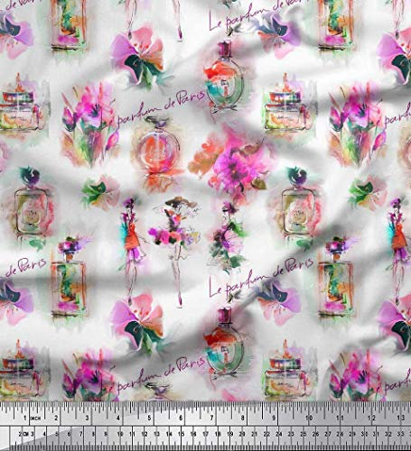 Soimoi Rosa Baumwolljersey Stoff floral, Frauen und Parfum-Flasche Mode Stoff Meterware 58 Zoll breit