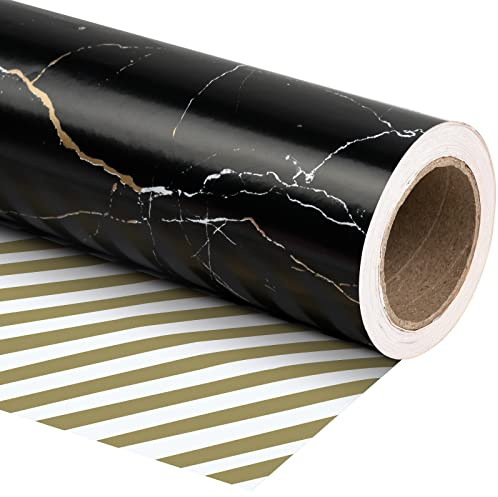 WRAPAHOLIC Rouleau de papier cadeau réversible – 61 cm x 25 m – Motif marbre noir et doré – Parfait pour anniversaire, vacances, fête des pères, fête prénatale et plus encore