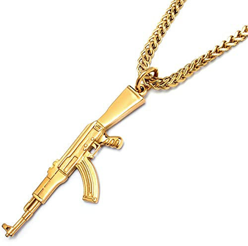 Schmuck-Checker Goldene AK-47 Herren Anhänger & Halskette aus vergoldetem 316L Edelstahl Kalaschnikow Sturmgewehr Gangster Rap Hip-Hop Schmuck Geschenk