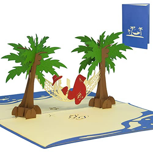 LINPOPUP® Pop-Up Karte Urlaub - Geburtstag Meer, 3D Gutschein-Karte - Geschenkgutschein Urlaub, Reise Erlebnis-Geschenk - Geburtstags-Karte - Klapp-Karte, Hängematte Wellness Dame, N43