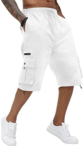 CTU Mens Cargo Shorts Cotton Elastic Waist Capri Knee Length Pants with Multi Pockets