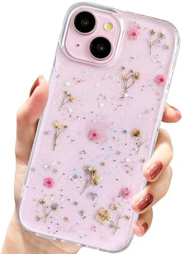 AMART Coque pour iPhone 15 Plus Fleurs, Transparente avec Véritables Fleurs Séchées, Transparente avec Motif Pailleté, Coque de Protection en Silicone Souple pour iPhone 15 Plus (Gypsophile Rose)