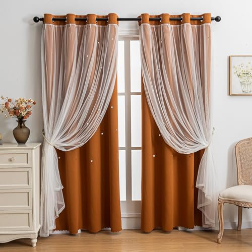 indistar Verdunkelungsvorhänge für Kinder, Sternausschnitt, für Mädchen, Schlafzimmer, Fenster, Zimmer, verdunkelnde Vorhänge und Vorhänge, Babyzimmer-Vorhänge (2 Paneele, 132 x 244 cm, Orange)