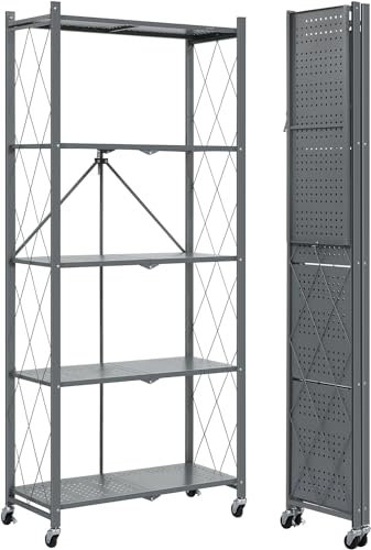 FuGuiB Folding Shelf,Shelves On Wheels,Storage Shelves, Kitchen Shelf Unit,Shelving Units For Storage,Metal Shelving Unit (Grey, 5-layer)