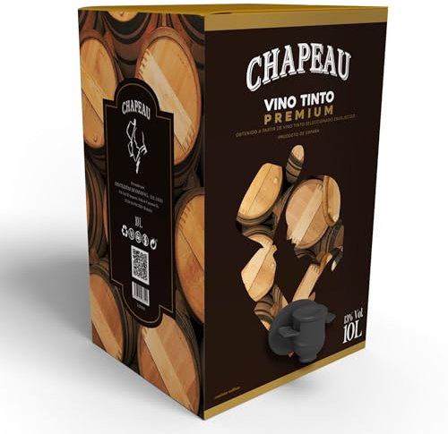 CHAPEAU Vino Tinto Premium 13% en Bag in Box 10L Cosechero| Vino Tinto Envejecido 13% con 100% Tempranillo Rioja con Aroma Madera| Equivalente a más de 13 botellas | Caja de Vino 10L con grifo