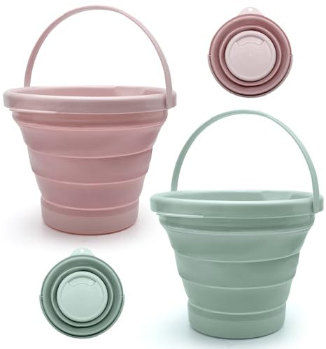 TNSLAND 2 Stück Falteimer 5 Liter, Silikon Faltbarer Eimer Kinder Eimer 5L Eimer Faltbar Sandeimer für Kinder, Bucket für Haus Strand Camping Angeln Reisen, Blau, Rosa