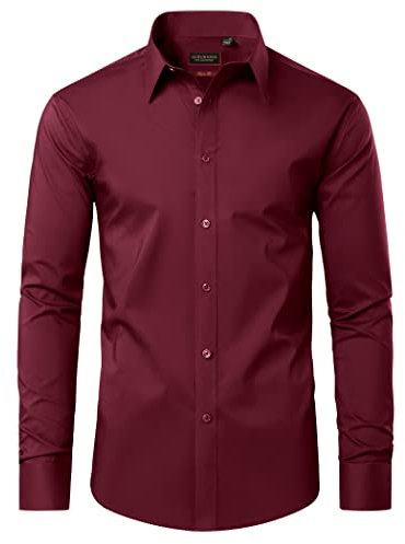 DEMEANOR Dress Shirts for Men Long Sleeve Mens Dress Shirts Cotton Regular Non Iron Formal Shirts for Men Dress Shirt Wine Red