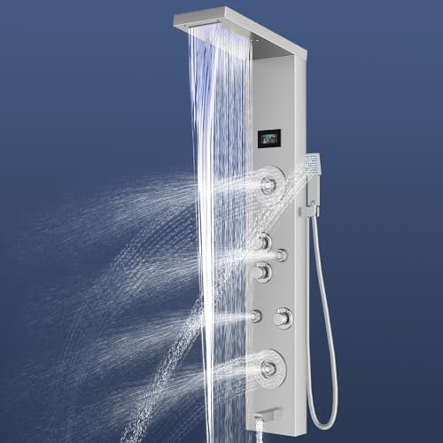 Sistema de panel de ducha con 5 modos,LED, lluvia, cascada, 8 chorros de masaje,Panel de Ducha Acero Inoxidable para Baño,hidromasaje y cascada,caño para bañera y cabezal de ducha con manguera, baño