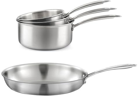 CUISINOX - Gourmet - 3 casseroles 16, 18 et 2 cm (1.5, 2.5, 3L) et 1 poêle 32 cm tout inox - Triply - Compatible tous feux - Finition Satinée - Poignée Fixe - Sans PFAS, PTFE, PFOA - Made in France