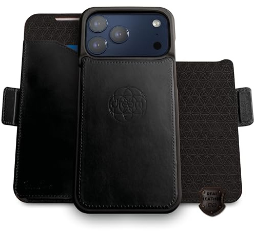Dreem Lederhülle für iPhone 17 Pro - Revolutionärer Ständer & Kartenfach, Abnehmbare Magnetische Hülle, MagSafe-Ready, RFID-Blocker, Wallet-Case aus Echtem Leder, Geschenkbox [Fibonacci:Black]