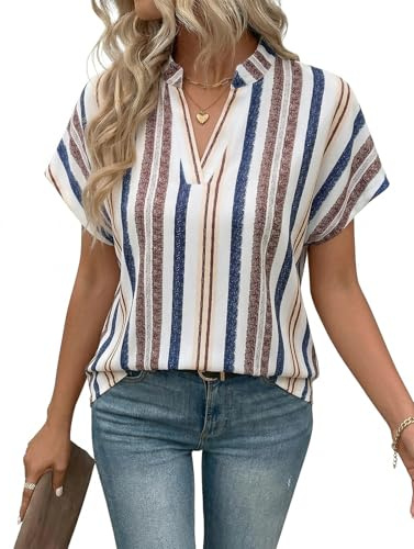 heekpek Chemisier Femme Été Blouse Chic et Élégant Chemise Col V Rayée à Manche Courte Décontracté Ample Haut D'été T-Shirts Tunique Tops