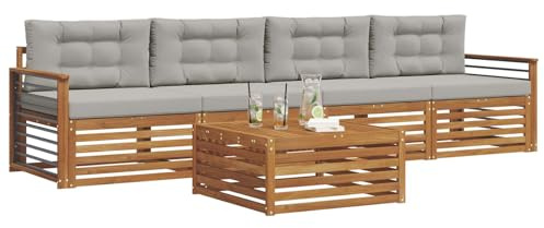 vidaXL Outdoor-Sofagarnitur mit Kissen 5 pcs Natürlich und Hellgrau, Gartenlounge, modernes Outdoor-Sofa, Sitzmöbel für die Terrasse, langlebige Komfort-Einheit