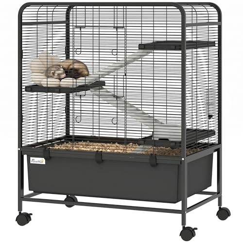 PawHut Cage pour Rongeurs, sur Roulantes 4 Niveaux 75x46x94,5 cm Noir