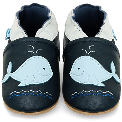 Juicy Bumbles - Weicher Leder Lauflernschuhe Krabbelschuhe Babyhausschuhe mit Wildledersohlen. Junge Mädchen Kleinkind- Gr. 12-18 Monate (Größe 22/23)- Blauwal