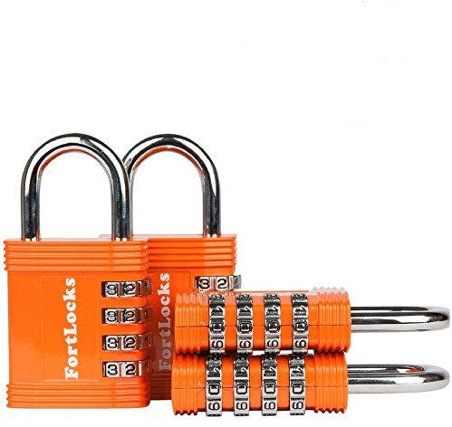 4-Pack FortLocks Padlocks | 4-Digit Combination Locks for Indoor & Outdoor Use | Padlocks for Gym or School Locker | Resettable Padlocks with Code | Heavy-Duty, Rustproof, Weatherproof | Orange