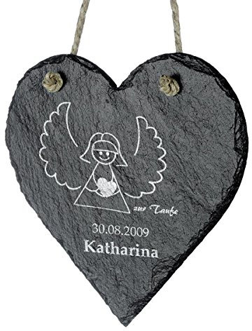 Schieferherz zur Taufe Personalisiert mit Gravur - Geschenkidee Schiefertafel 18 x 18 cm - Motiv Engelchen zu kirchl. Anlässen