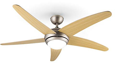 KLARSTEIN Bolero – 2 en 1, ventilador de techo, 134 cm, lámpara de 55 W, aspas de madera, mando a distancia, Marrón arce