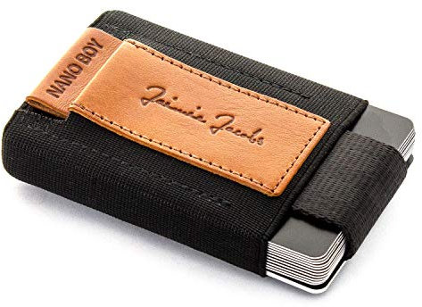 Jaimie Jacobs Nano Boy Mini Wallet kleine Geldbörse aus Textil dünner Geldbeutel, Slim Wallet mit Zugband Kartenhalter, Kartenetui für Herren und Damen (Cognac)